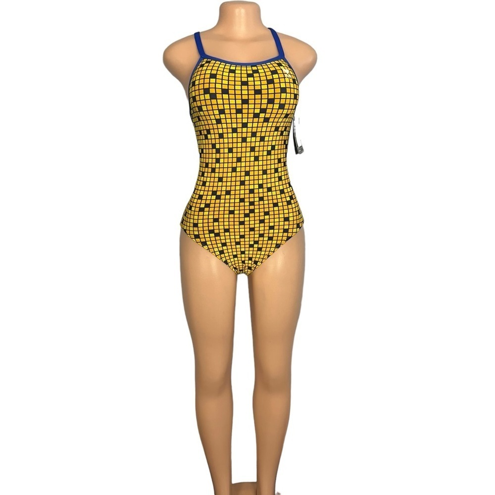 TYR Swimsuit One Piece Block Squares Yellow Black Open Back - Picture 2 of 13